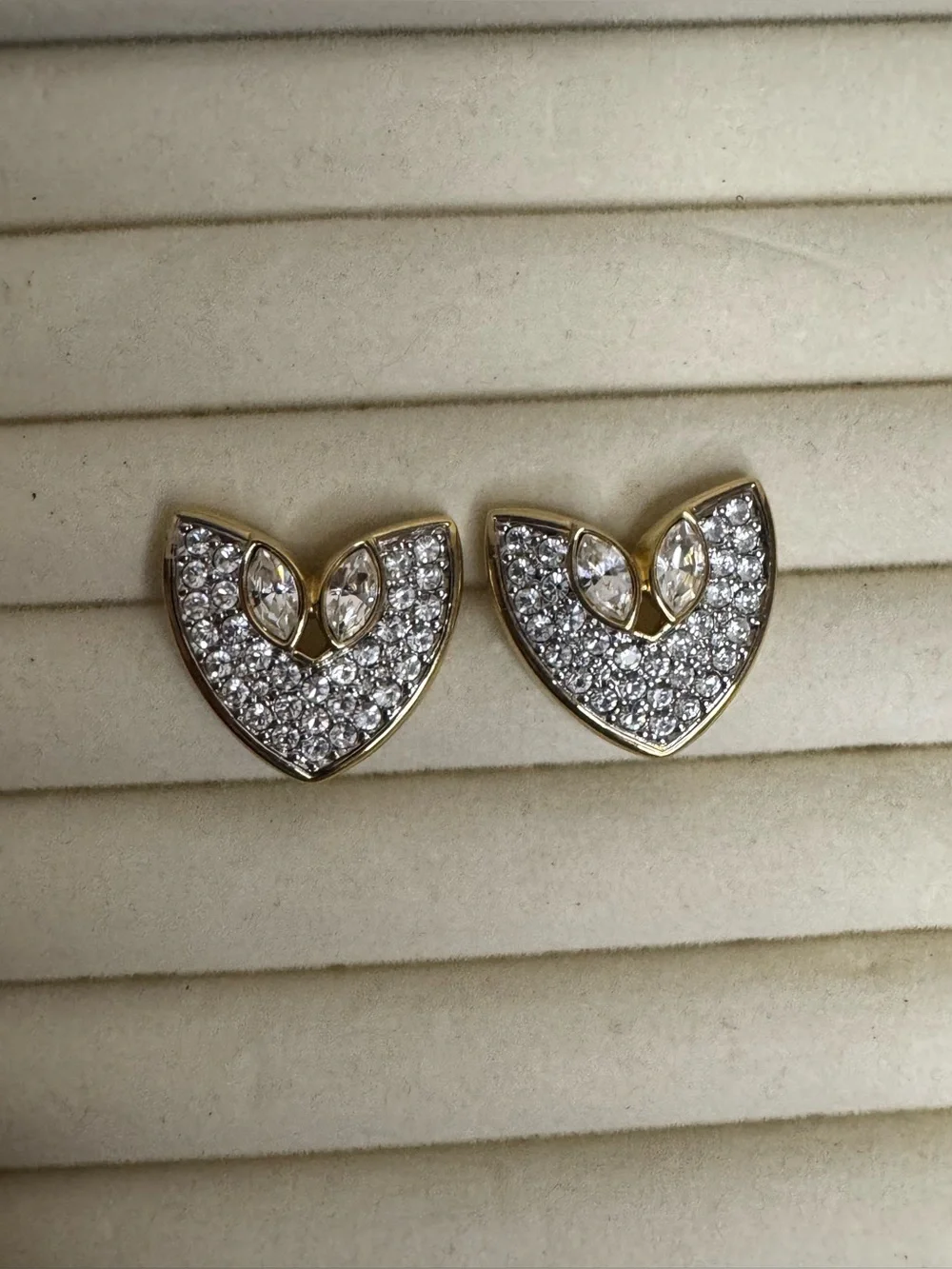 Vintage Swarovski Gold Tone Clear Crystal Pavé Fan Earrings